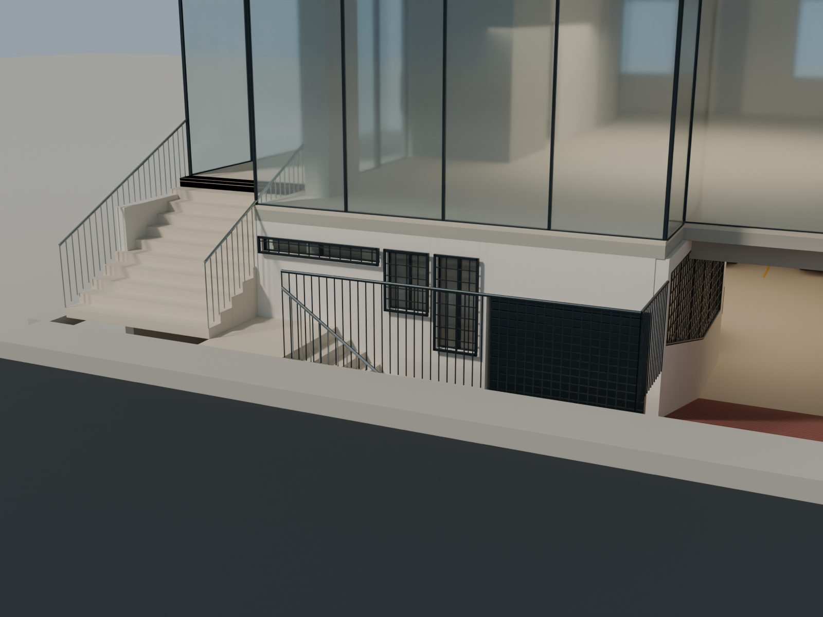North basement stepped windows and roadside railing