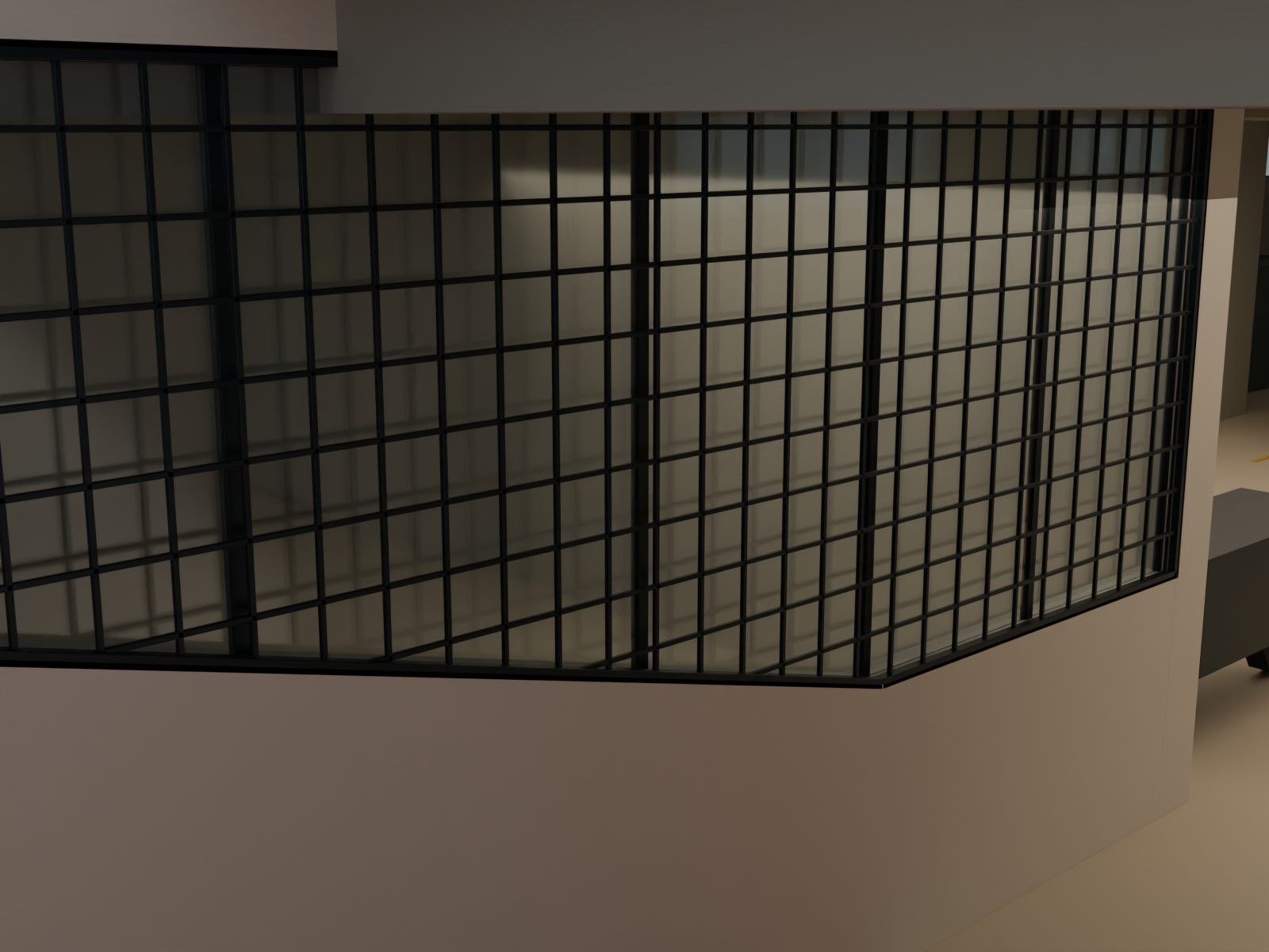 Ramp-left protective low wall with framed glazing and square grille